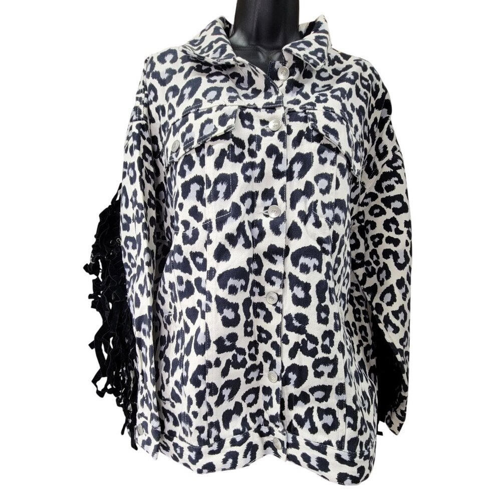 Peach Love Denim Jackey The Lollie White Animal Print Button Fringe Womens Large